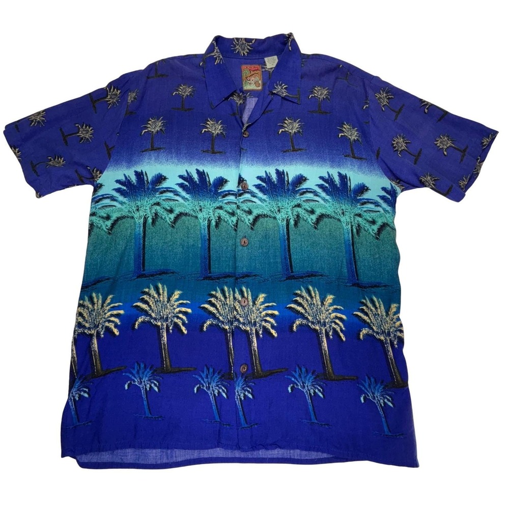 Vtg Pineapple Connection Rayon Hawaiian Shirt Palm Tree Blue‎ Tropical Mens M